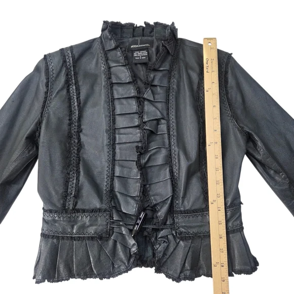 Vintage Y2K Black Leather Jacket Womens Small Ruffle Whimsygoth Romance Coquette - Picture 10 of 12